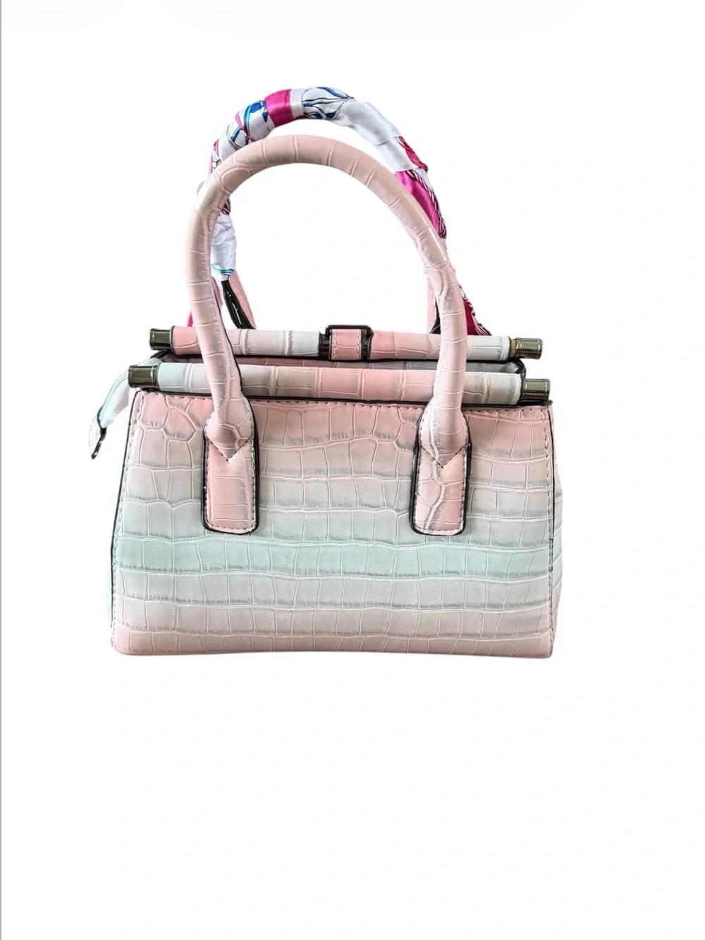 Blush Ombre Croc-Embossed Satchel with Scarf-Wrapped Handle